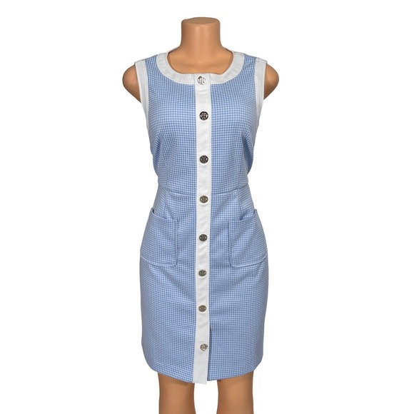 Tommy Hilfiger Dresses & Skirts - Tommy Hilfiger Womens Blue White Houndstooth Button Front Sheath Dress Size 10